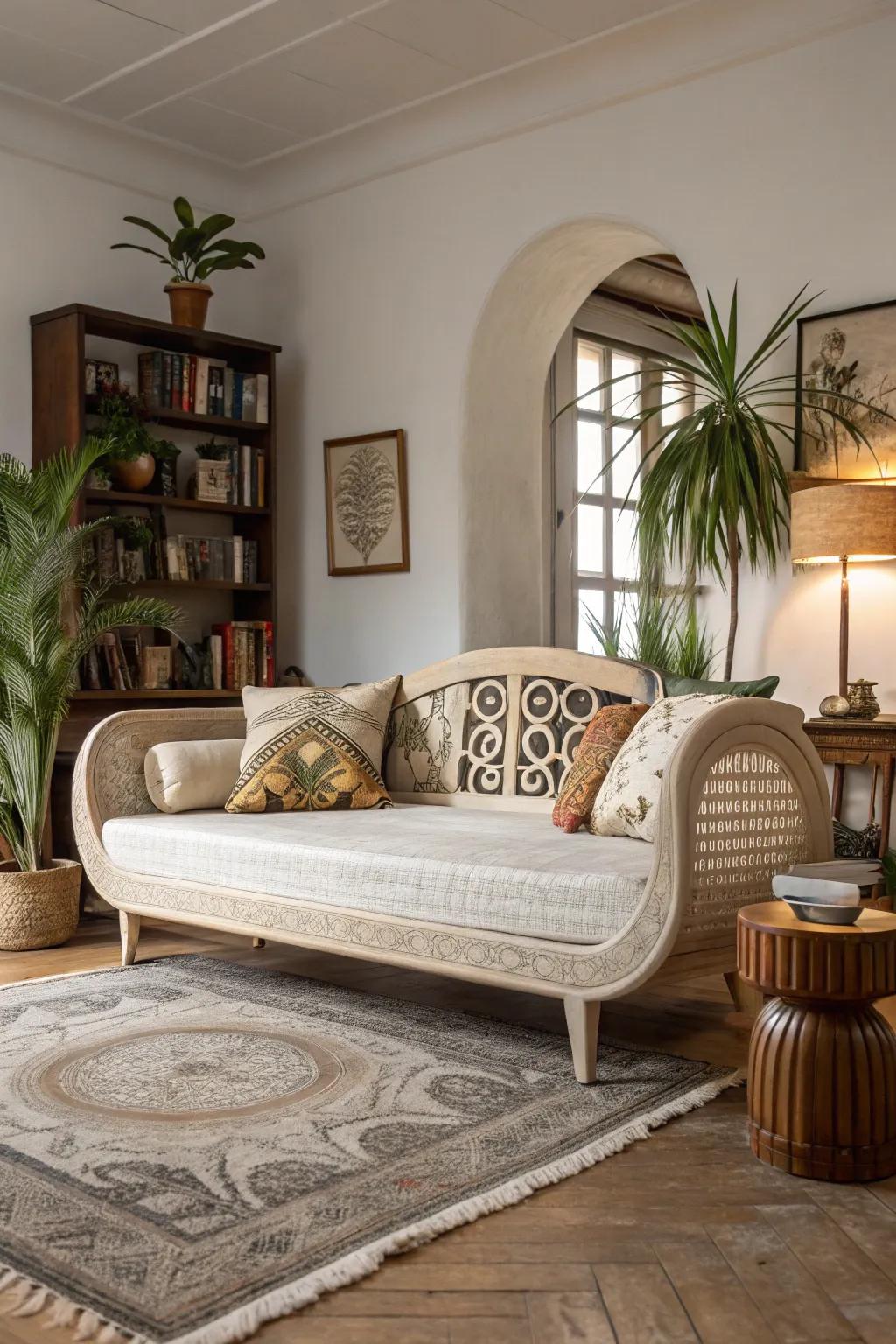 A sculptural daybed injects artistic charm into the space.
