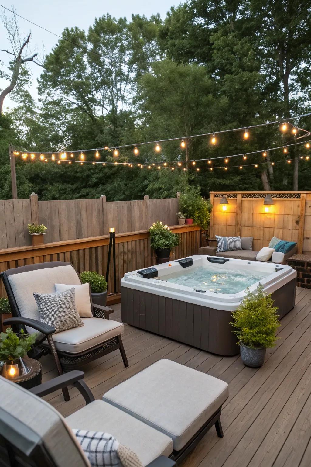 Comfortable seating zones enhance the relaxing atmosphere of the hot tub deck.