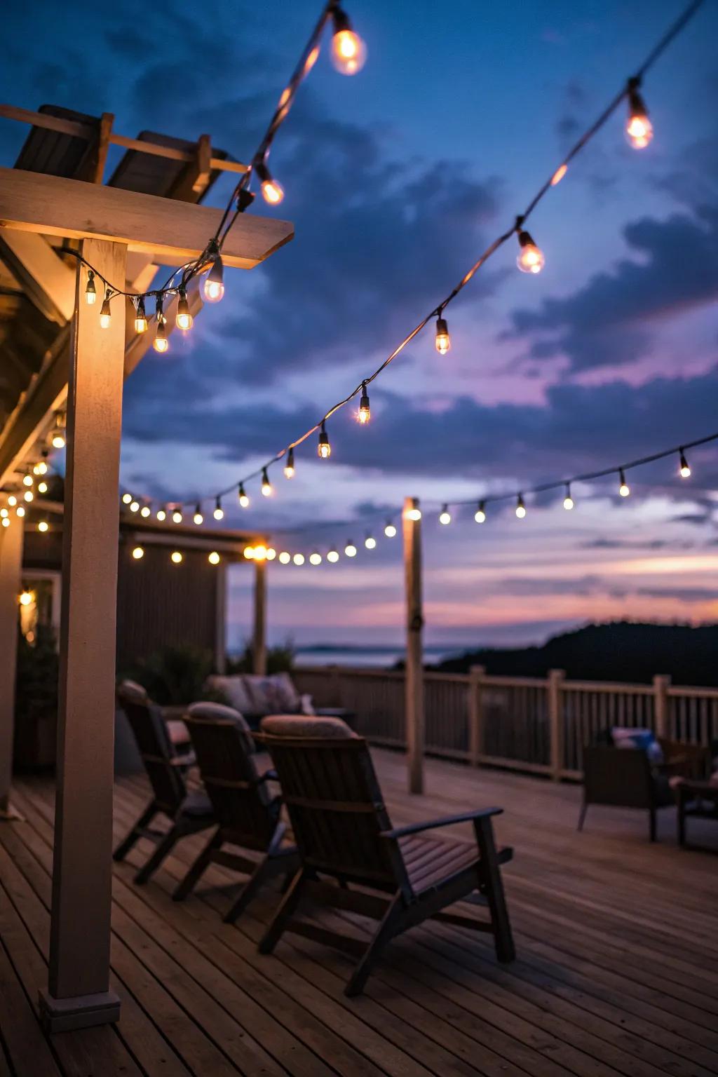 Twinkling twinkle lights infuse a hint of magic into this cozy deck setting.