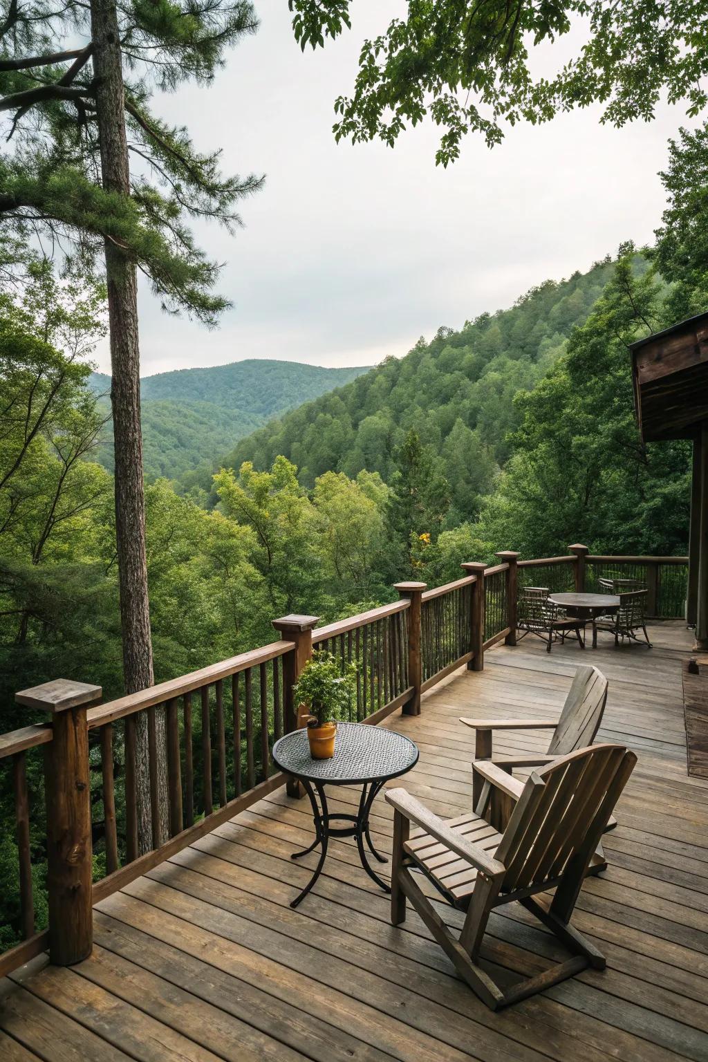 A wood deck radiating natural beauty and rustic appeal.