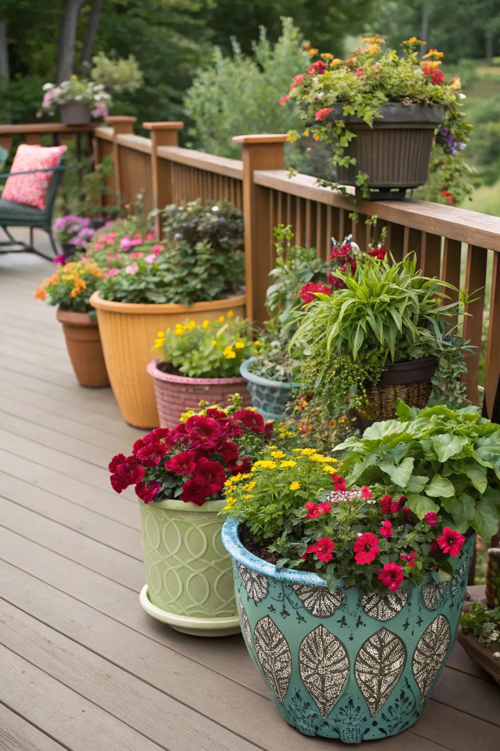 Ornamental pots impart character and color to your deck.