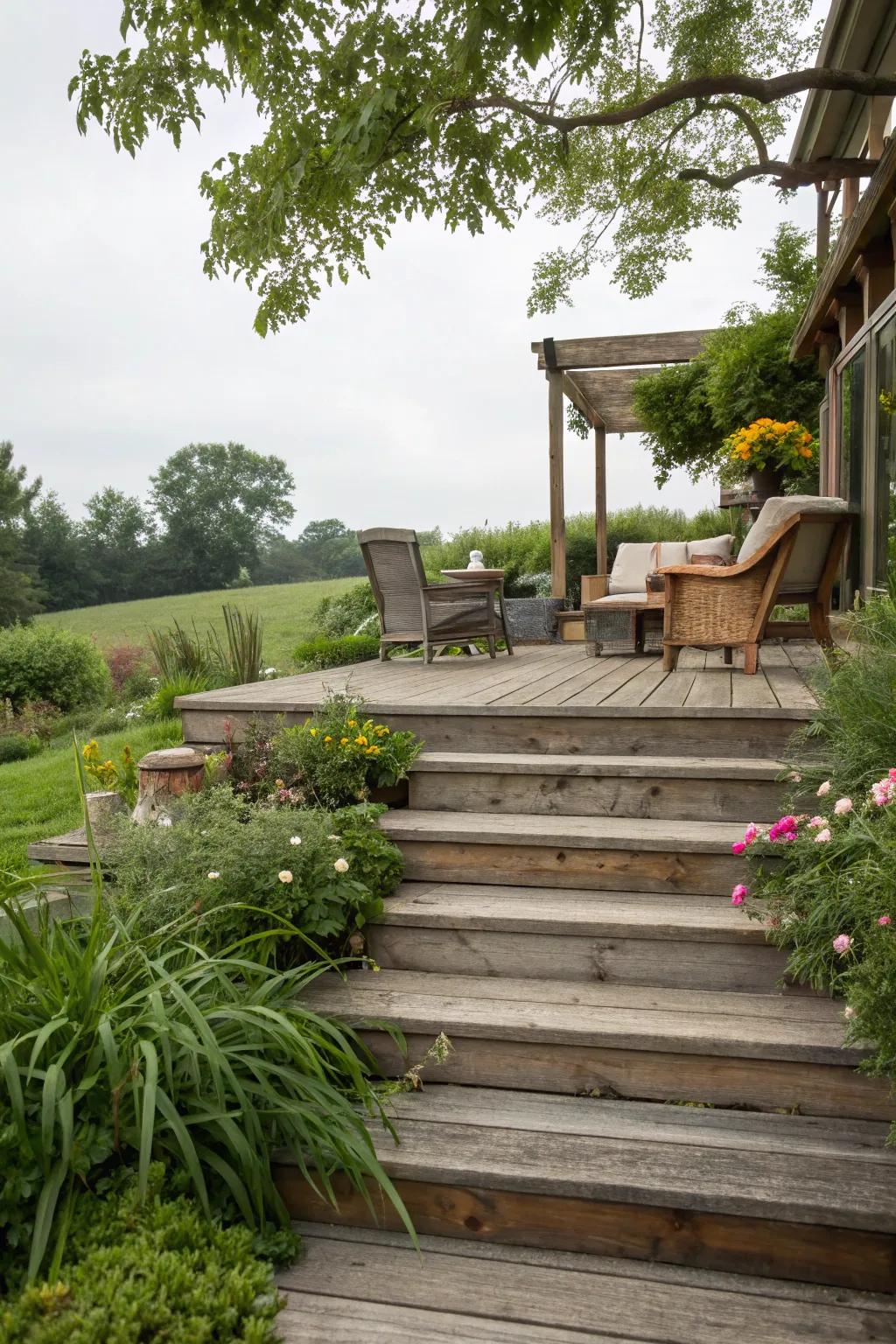 Create an impression with broad, inviting deck stairs.