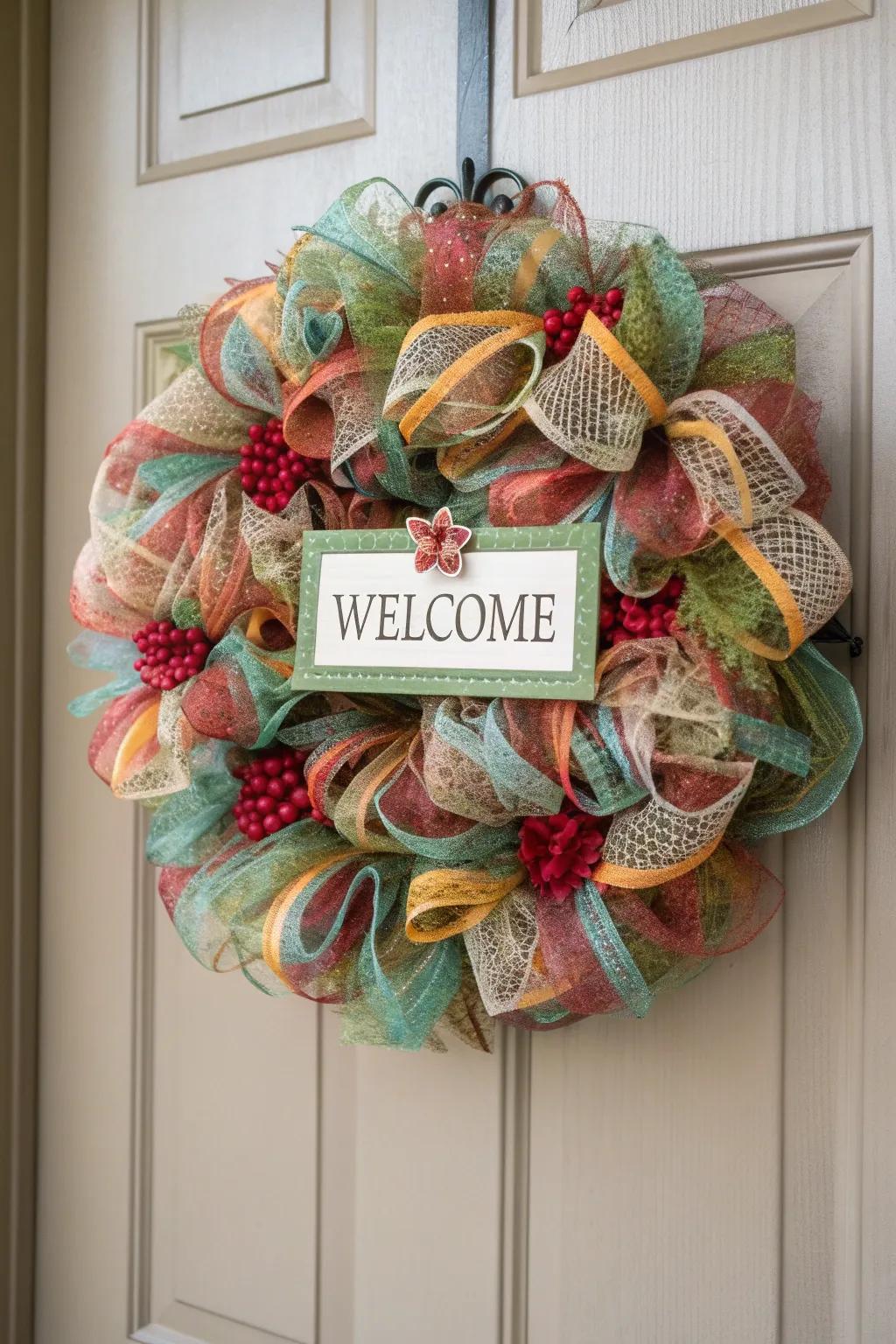 A welcoming sign bestows a personal nuance to this autumnal wreath.