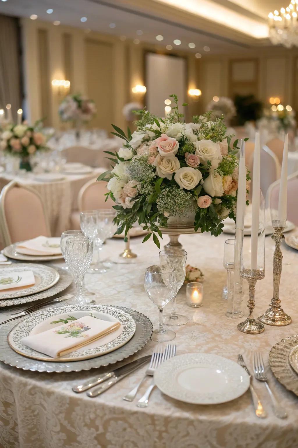 An elegantly arranged table with detailed showpieces at a wedding.