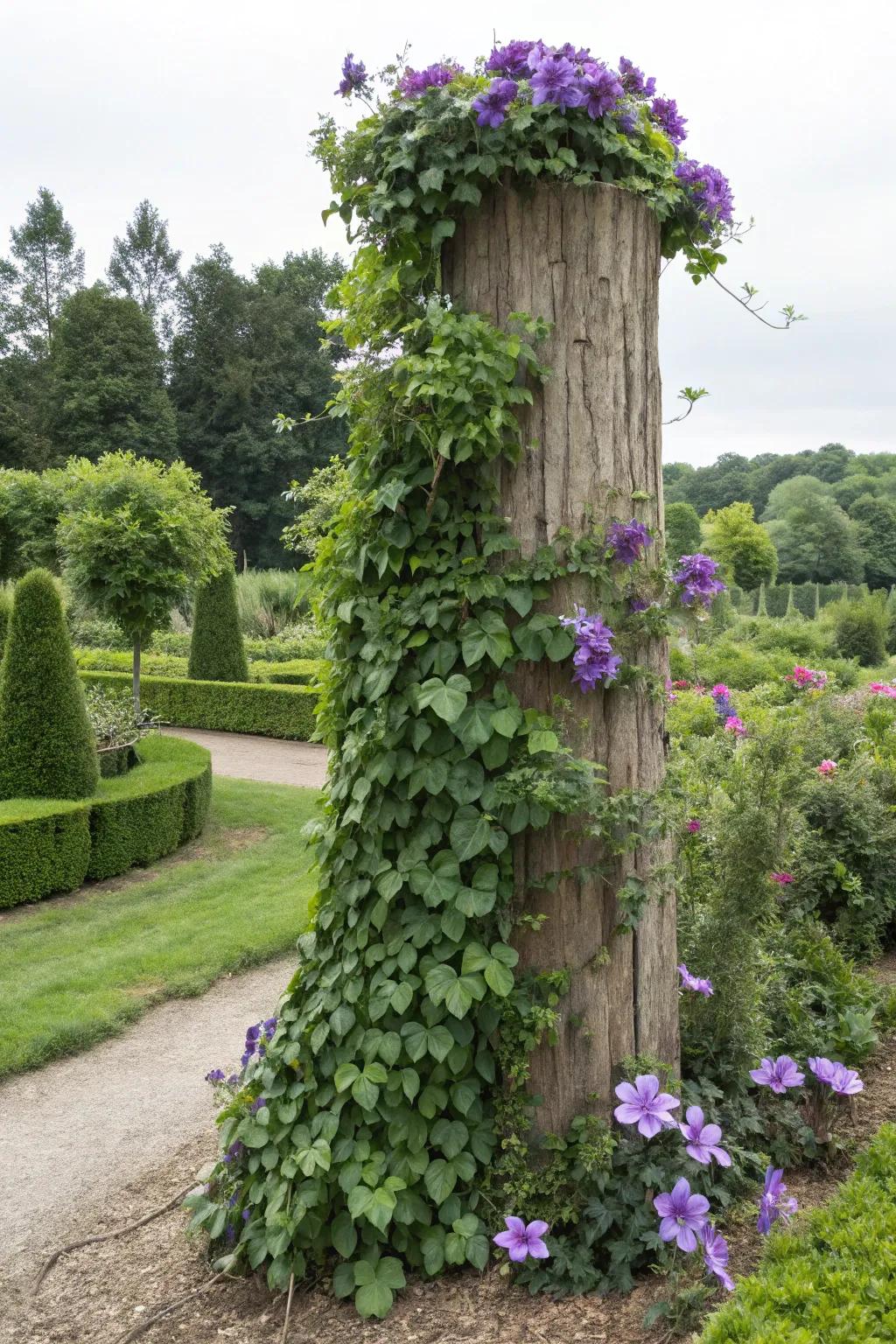 Craft a vertical garden with climbing greenery on a tree stump.