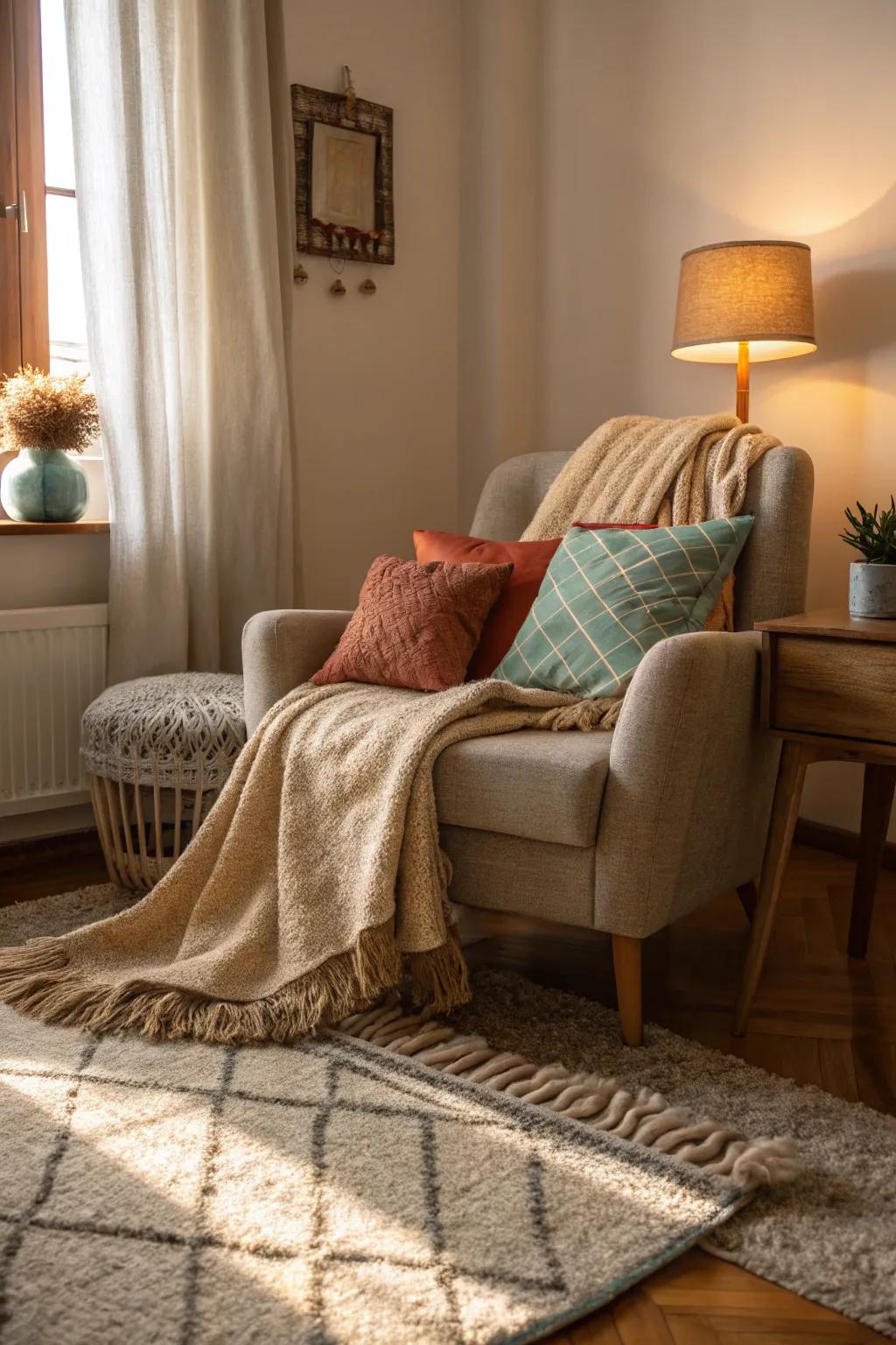 Textiles contribute warmth and coziness without adding clutter.