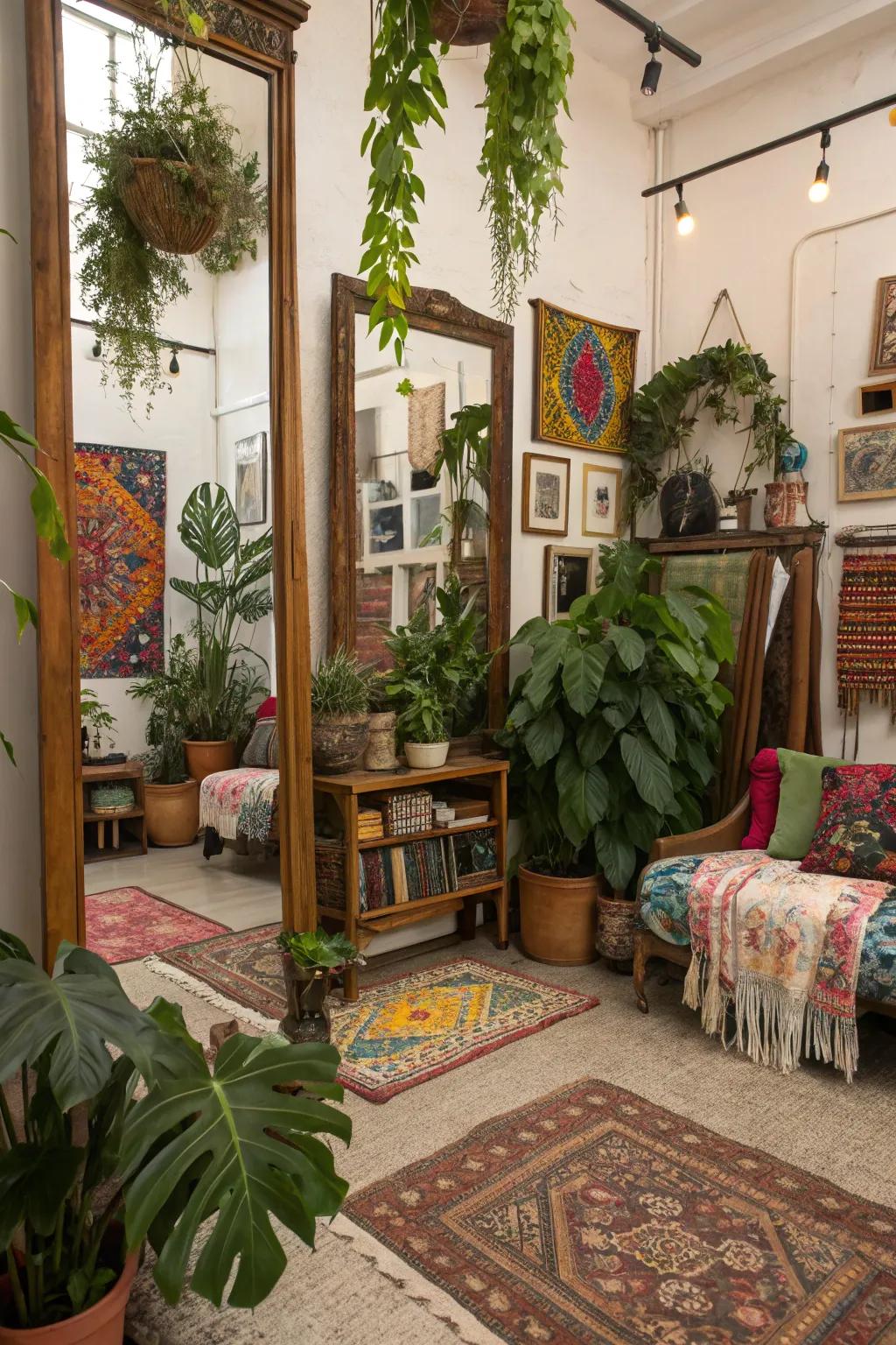 Bohemian allure through the integration of mirrors, botanicals, and eclectic ornamental components.