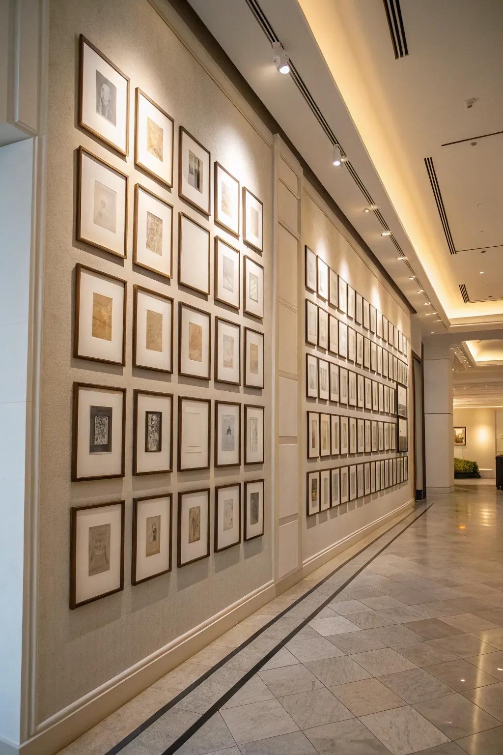 A symmetrical grid layout of frames provides a clean and sophisticated decor style.