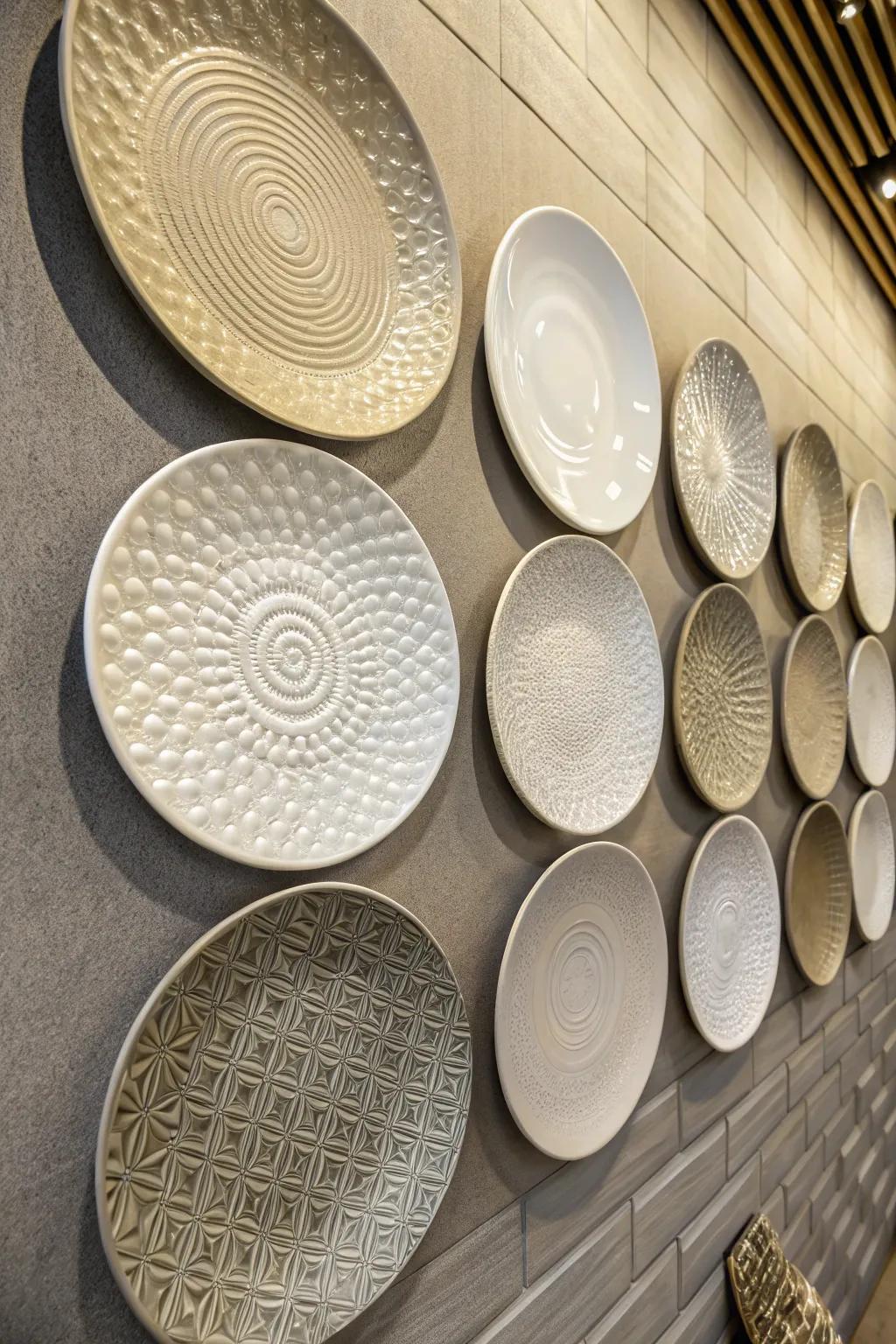 A blend of textured and smooth plates introduces profundity and intrigue.