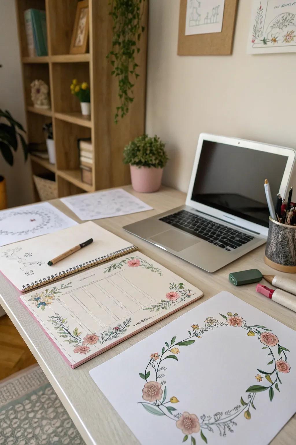 A home office desk featuring documents adorned with elegant floral edge sketches.