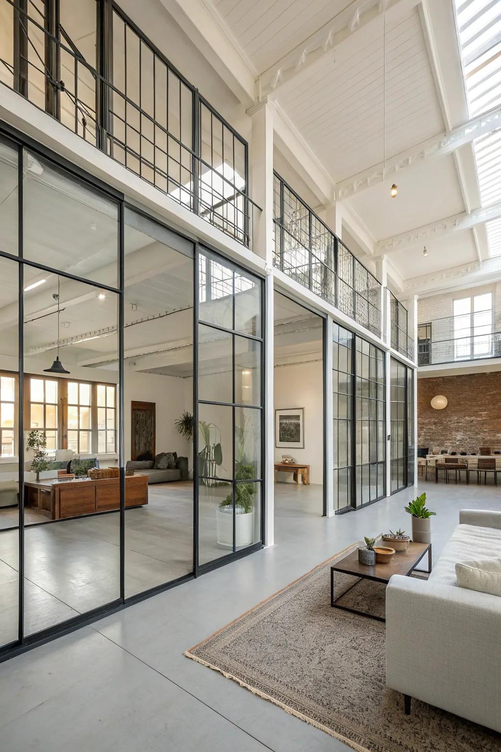 Glass sections let light flow freely while separating spaces.