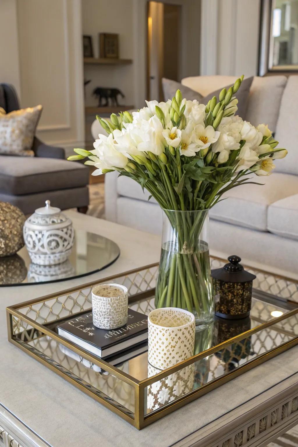 A vessel giving height and color to a coffee table board.