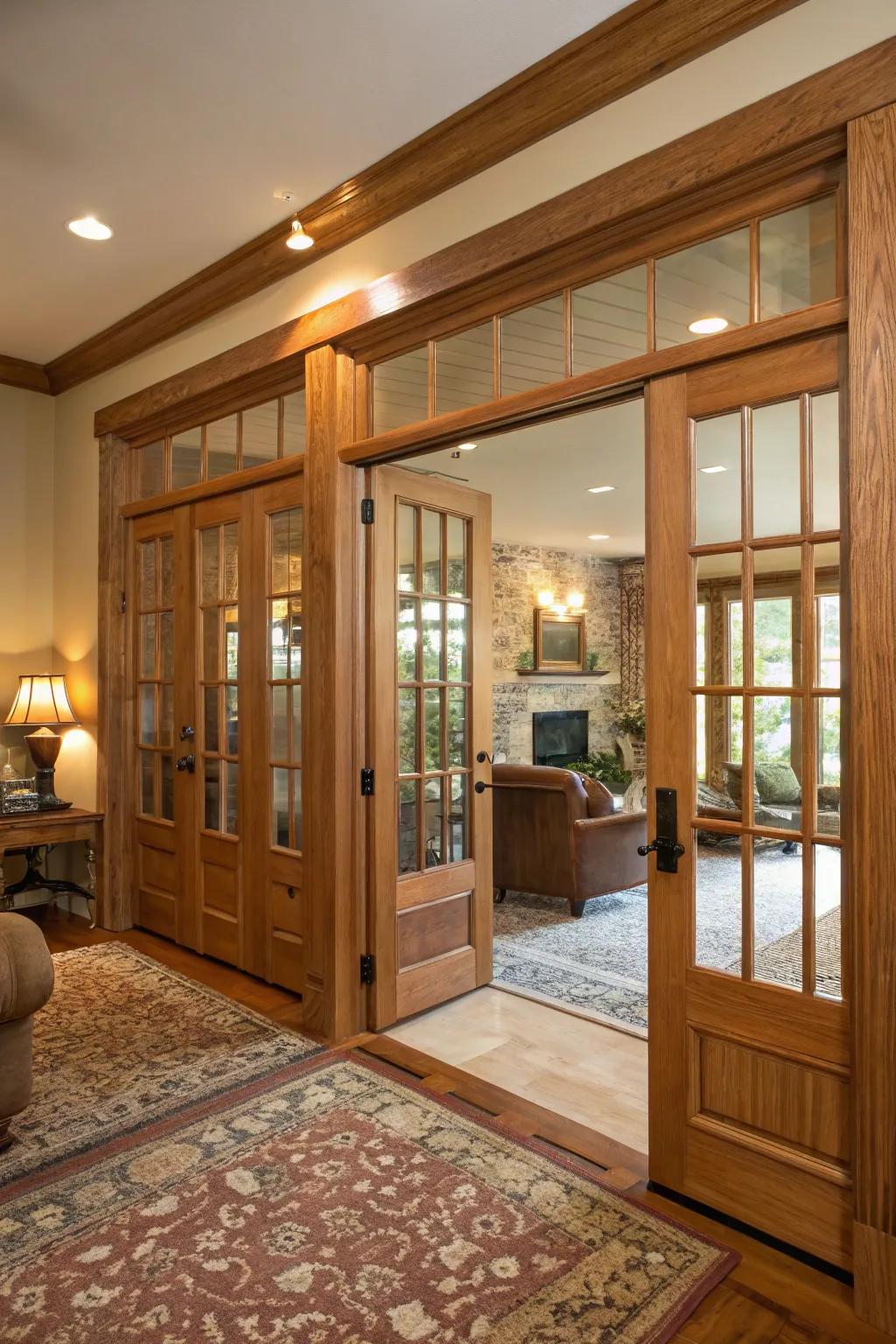 Wooden and glass doors bring both warmth and openness.