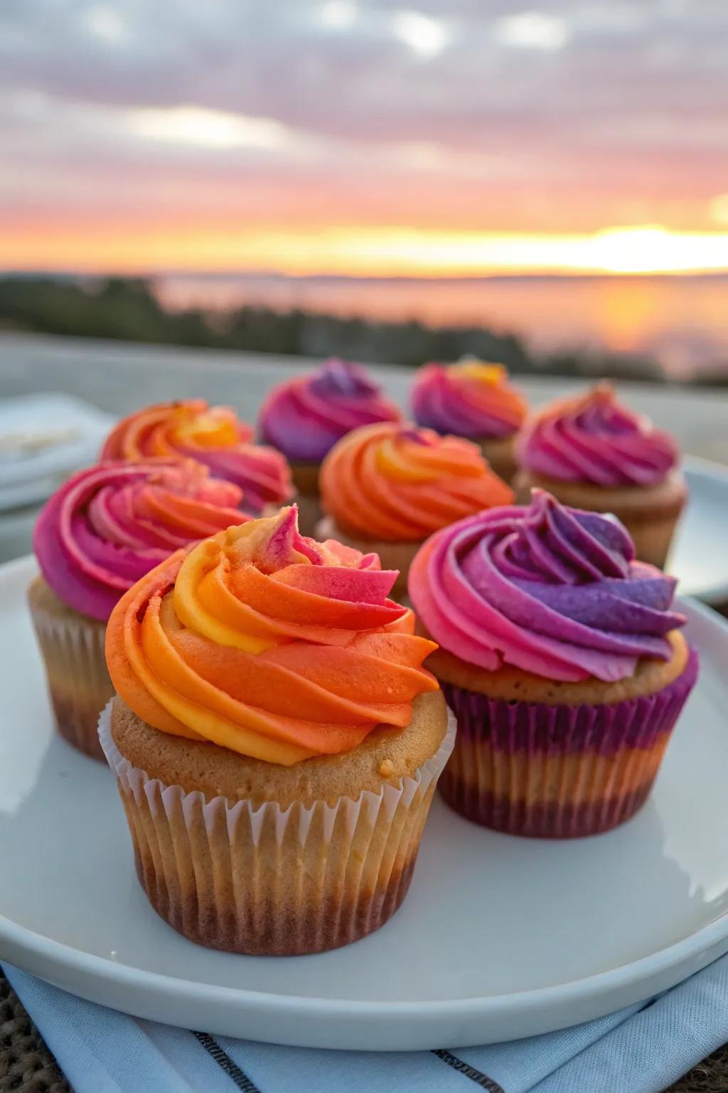 Baked delights featuring sunset-inspired tinted icing in gradients of tangerine, blush, and amethyst.