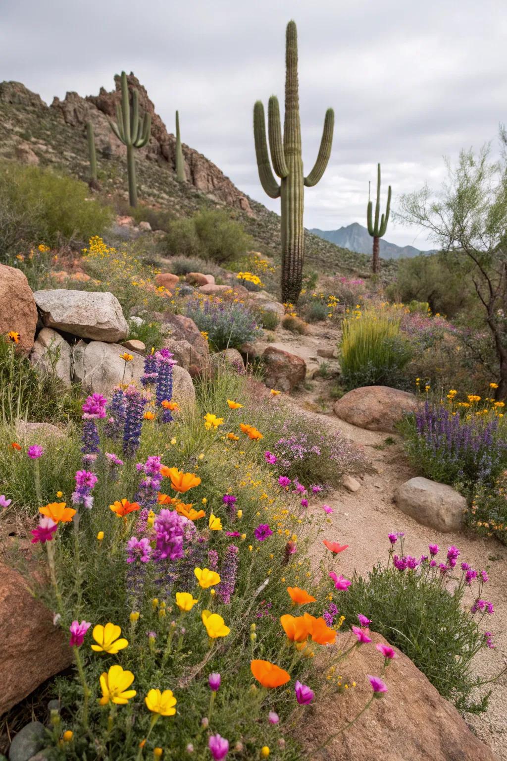Brilliant desert blooms contribute a burst of color to the arid landscape.