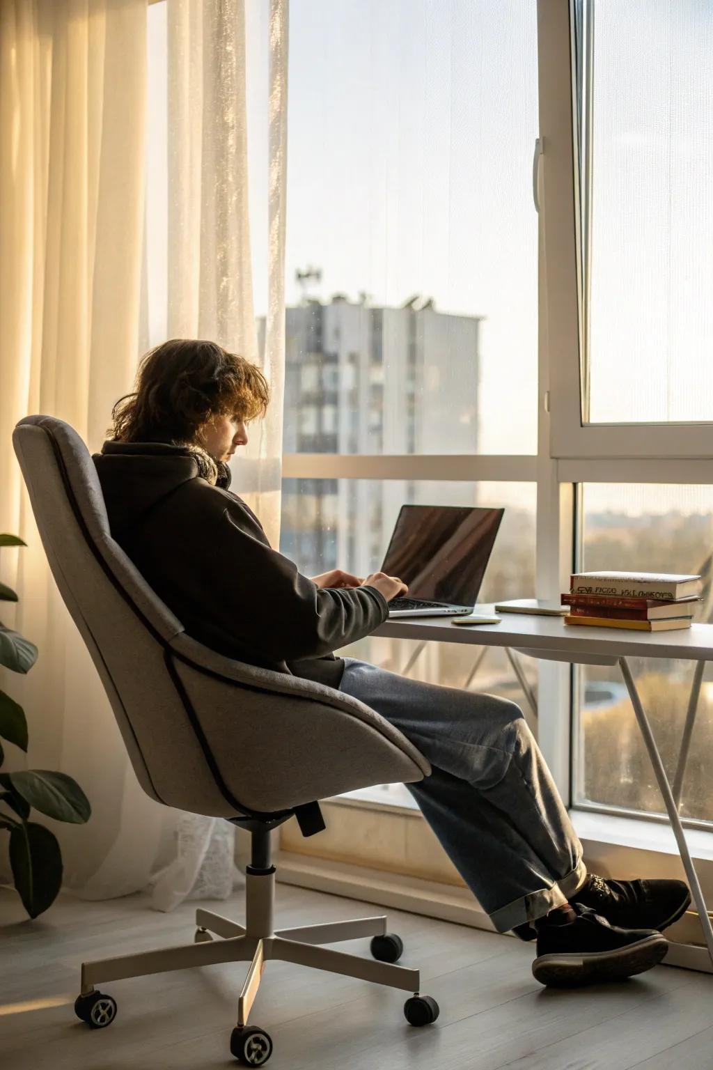 An ergonomic chair provides comfort for extended working hours.