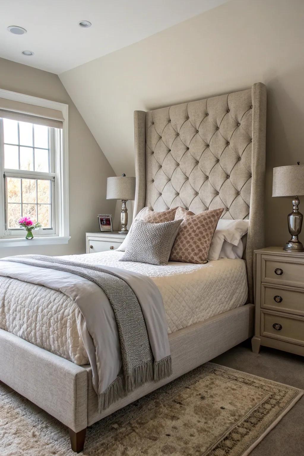 A tall headboard adds elegance and height to a bed at an angle.