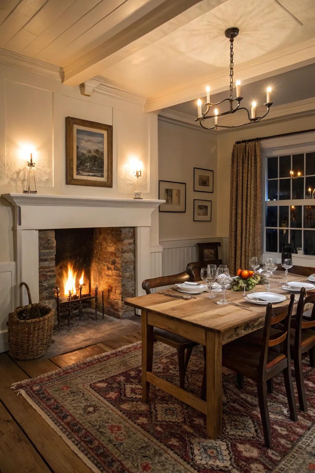 A hearth that envelops your dining area in warmth and allure.