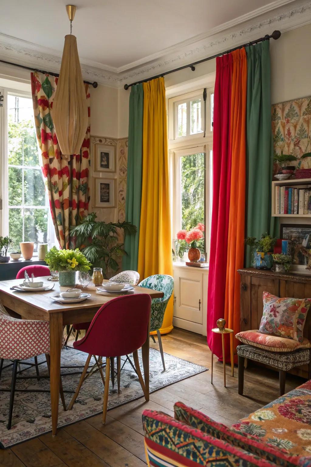 Artistic coverings injecting vibrancy into a unique dining space.