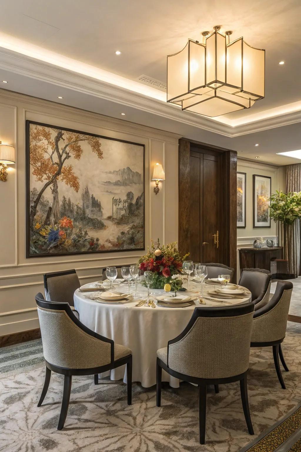 Striking artwork introduces personality and a focal point to the dining room.