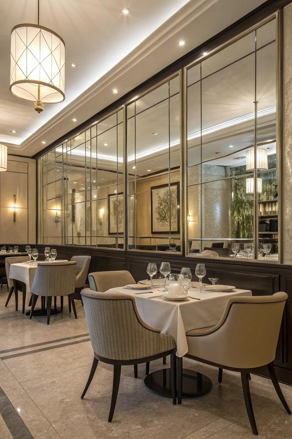 Mirrored wall coverings bring a unique shine to dining spaces.