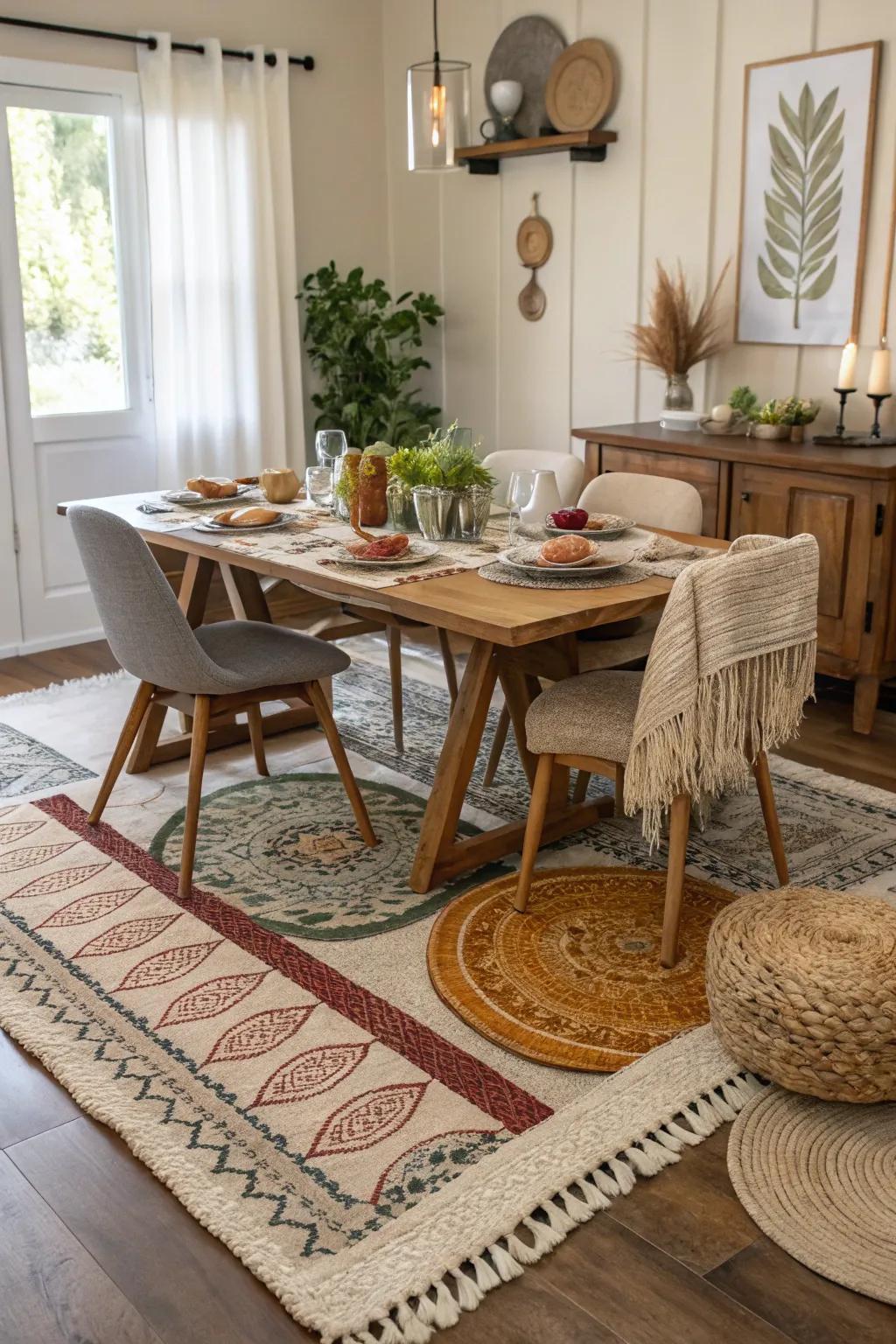 Add depth with combined rugs.