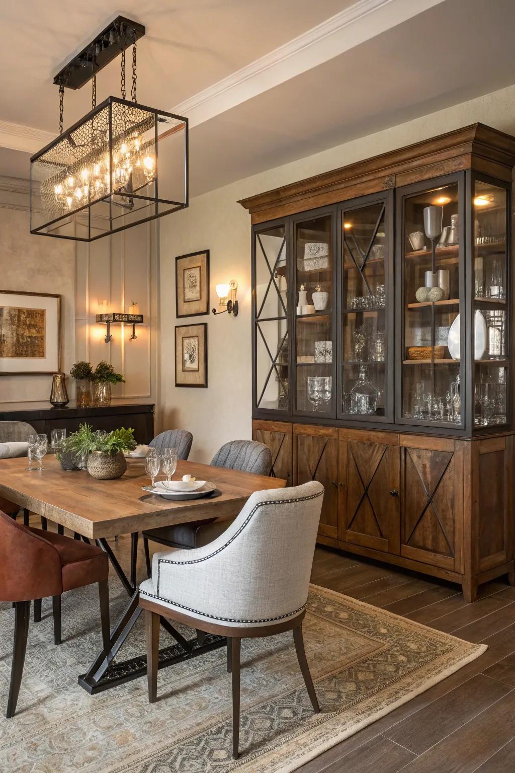 An eclectic mix of materials creates a unique and personalized dining space.