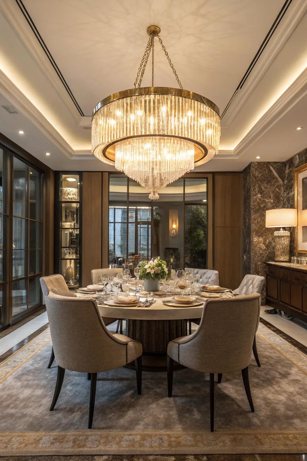 A statement chandelier makes the dining room feel more special.