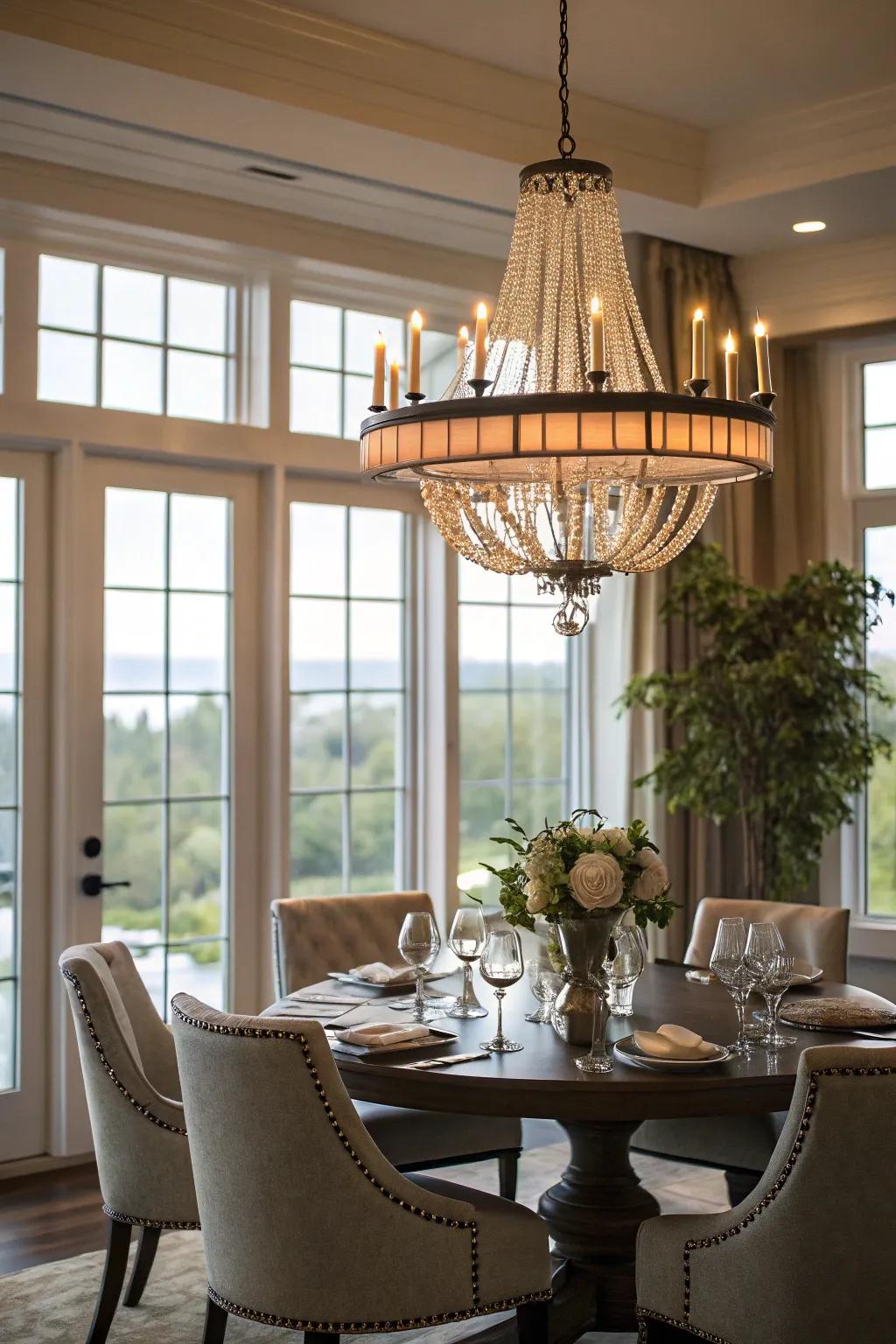 Chandeliers lend an air of sophistication and go well with window styles.