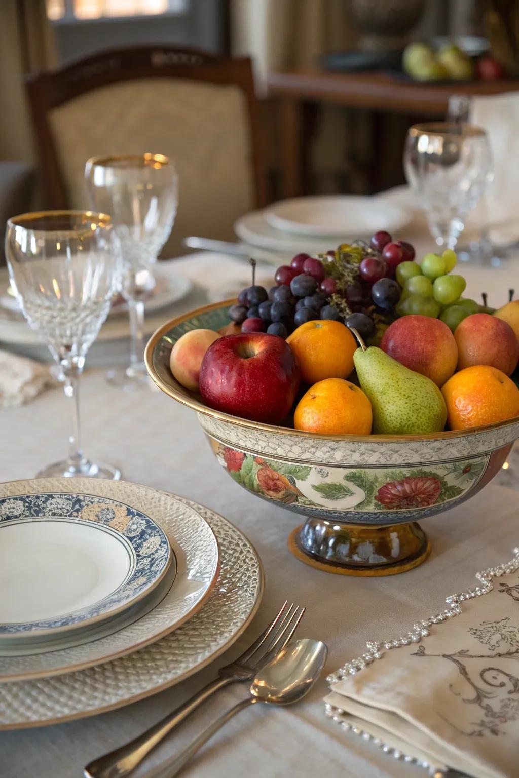 A practical centerpiece, such as a fruit bowl, enhances both the aesthetics and functionality of your table.