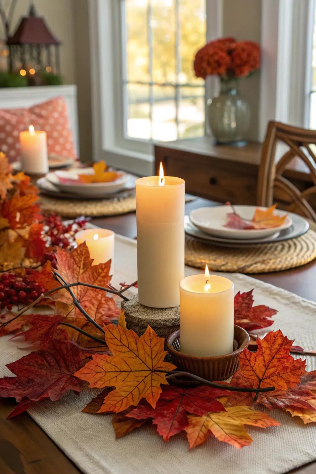 A dining table adorned with seasonal autumn leaves.