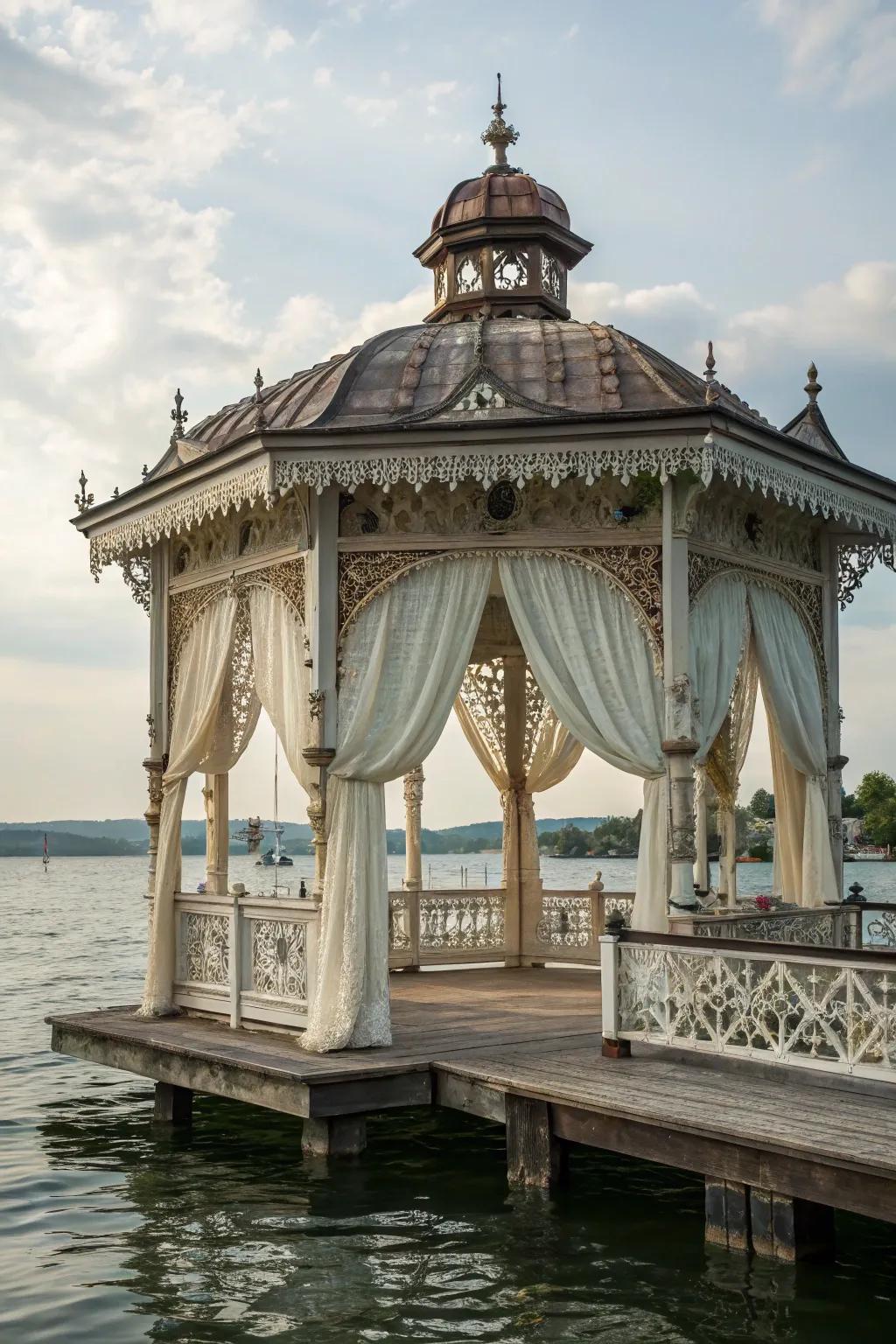 Victorian elegance transforms a dock into a luxurious outdoor parlor.