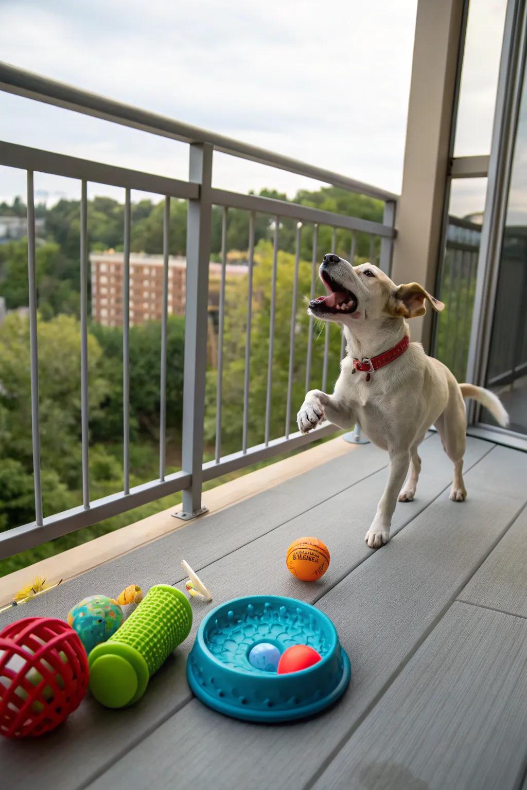 Toys and chews keep dogs entertained while on the balcony.