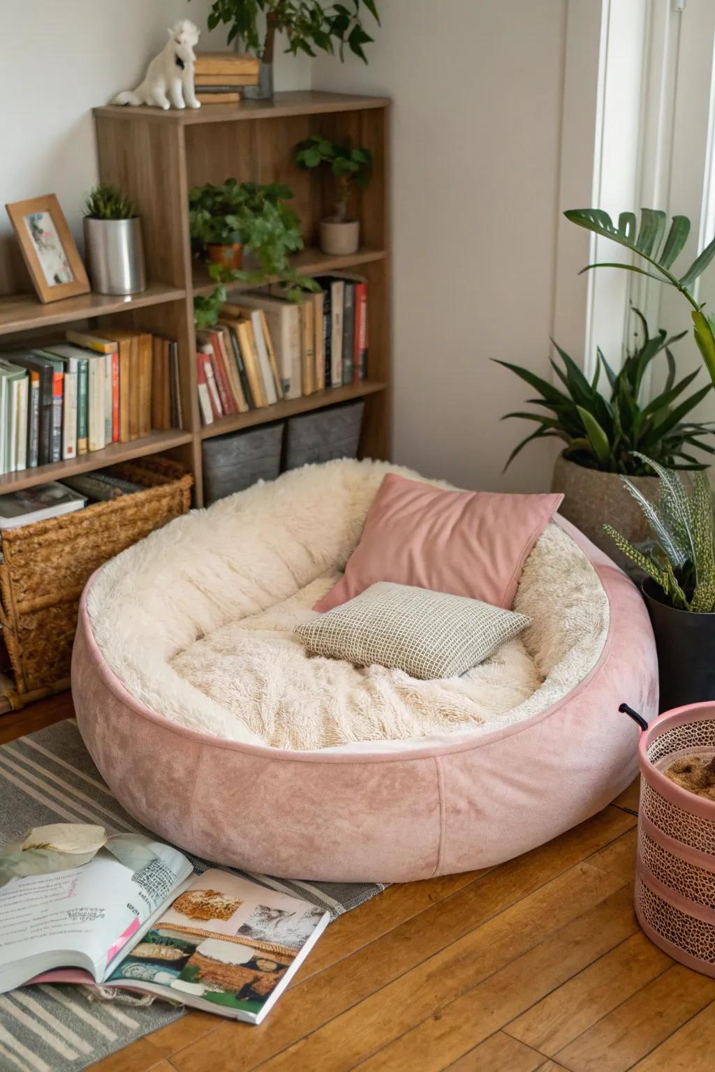 A lavish canine bed featuring gentle cushions, granting unparalleled solace within a snug alcove.