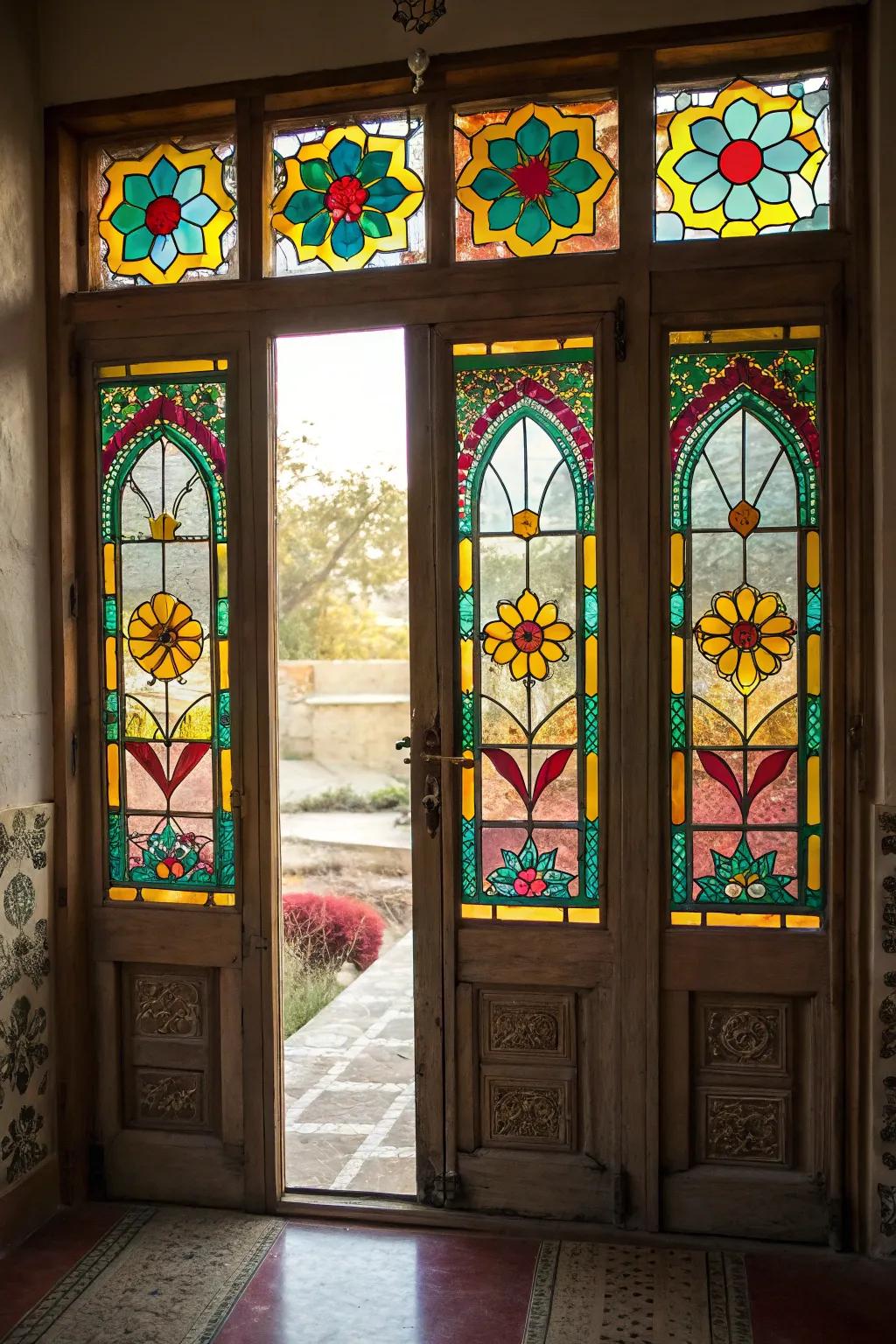 Painted glass decals append lively hue and privacy to your door windows.