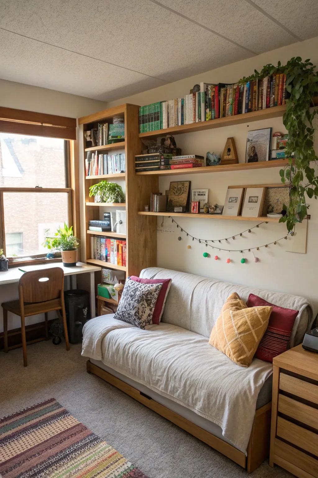 Vertical storage positioned above a sofa maximizes space in this dorm room.