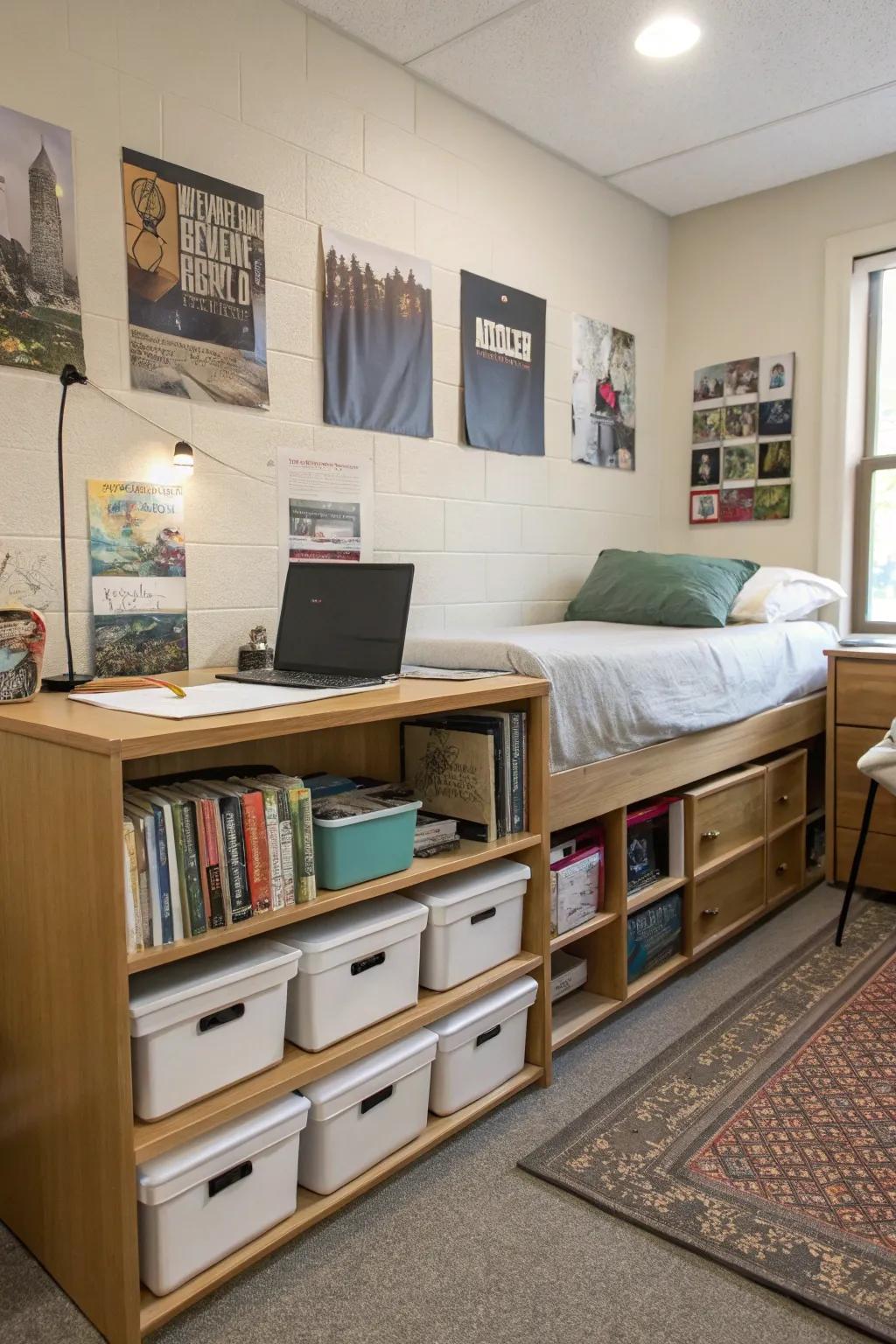 Smart storage helps keep a dorm room neat.