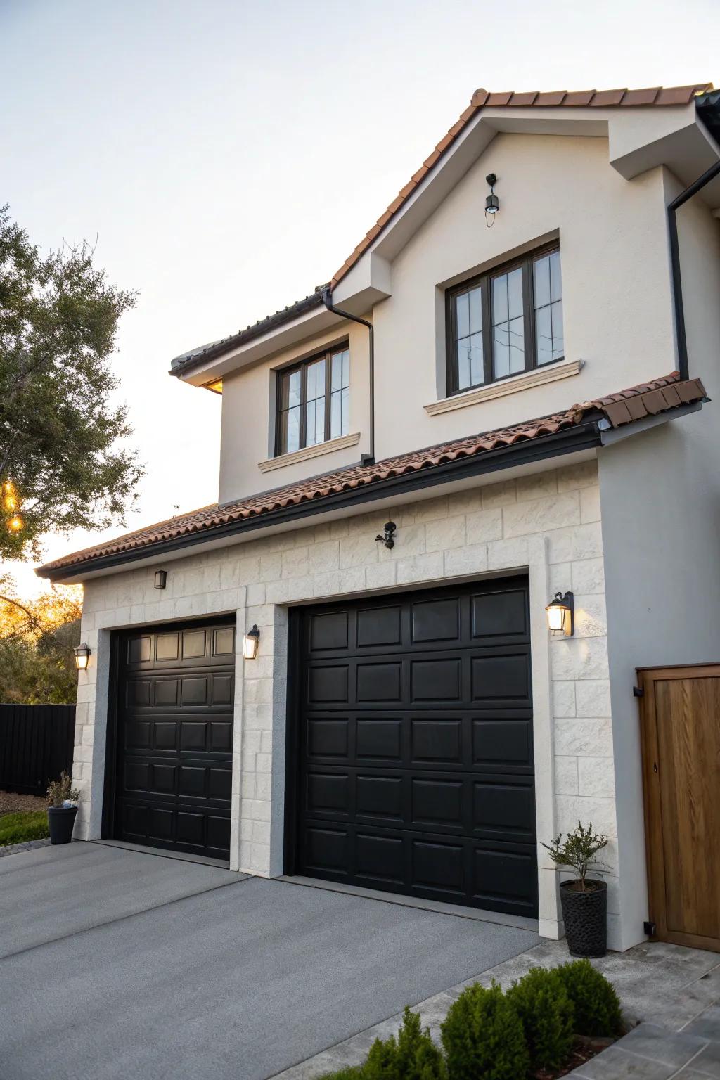 Black garage doors create a bold, classy look.