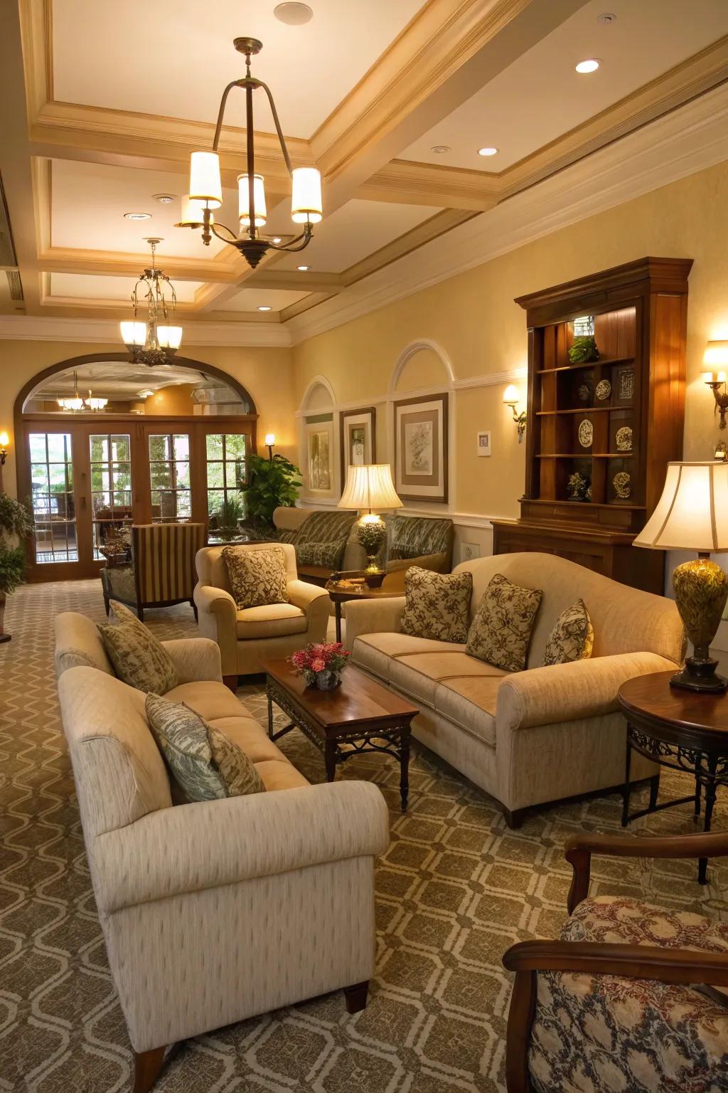 Extensive seating boosts comfort and interaction in the double parlor.