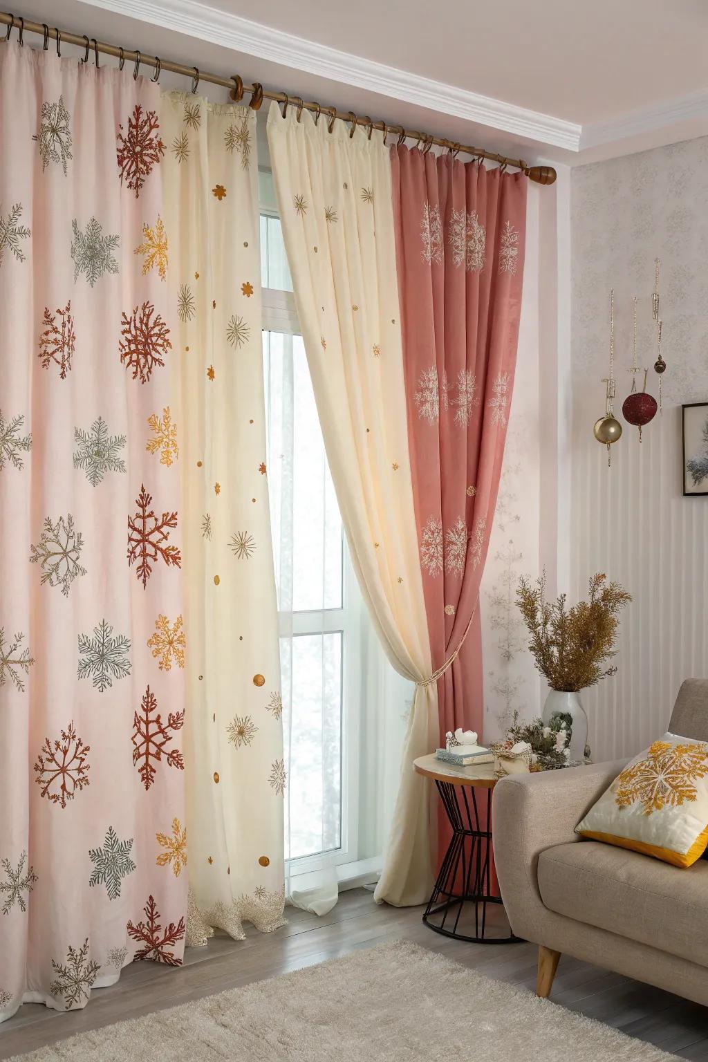 Seasonal curtain changes keep decor fresh.