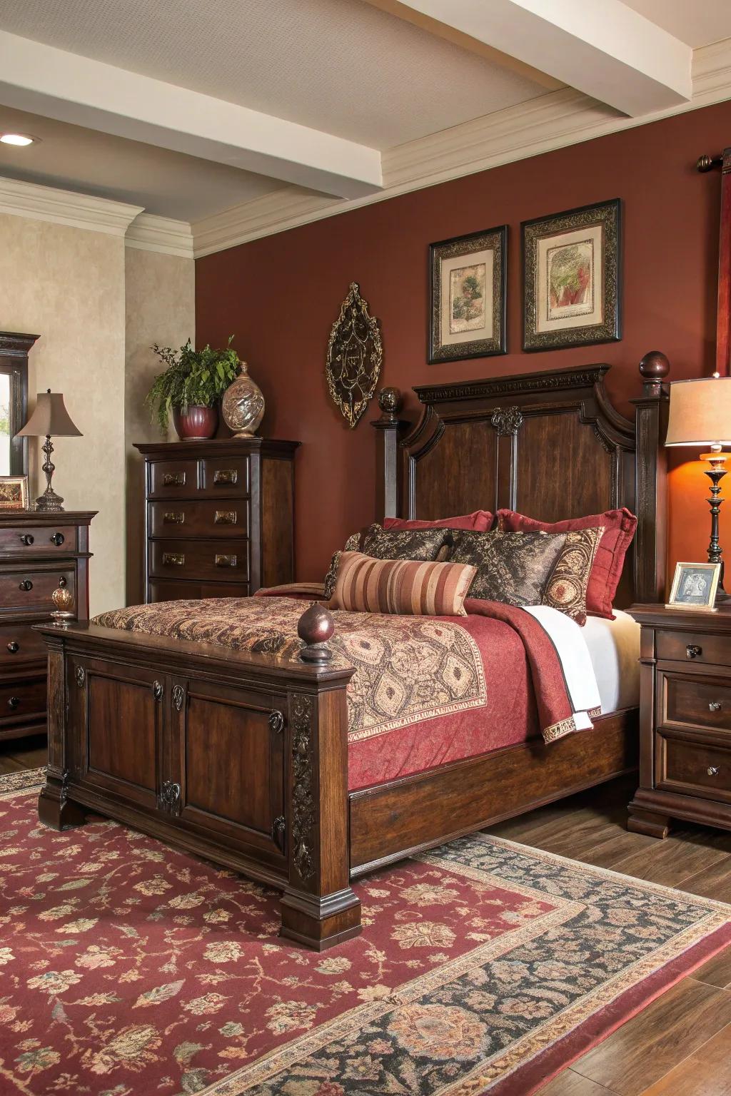 Ebony wood furniture enhances the room with sophistication and depth.