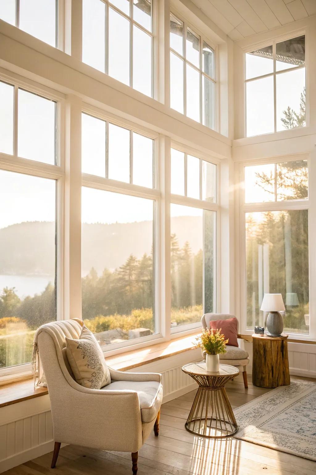 A bright and airy room with large windows letting in natural light.