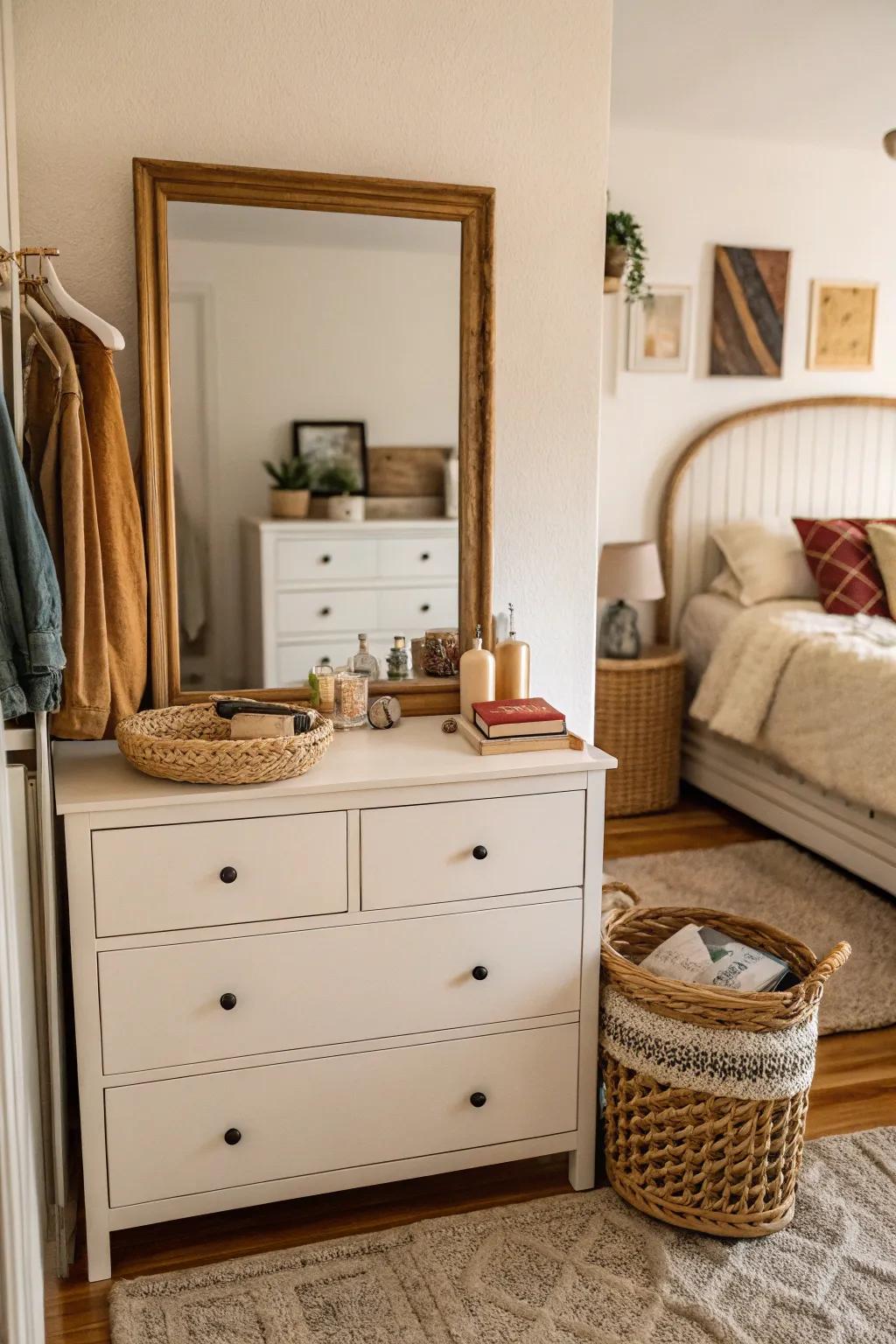 A reflector above a dresser reflecting light and visually enlarging the room.