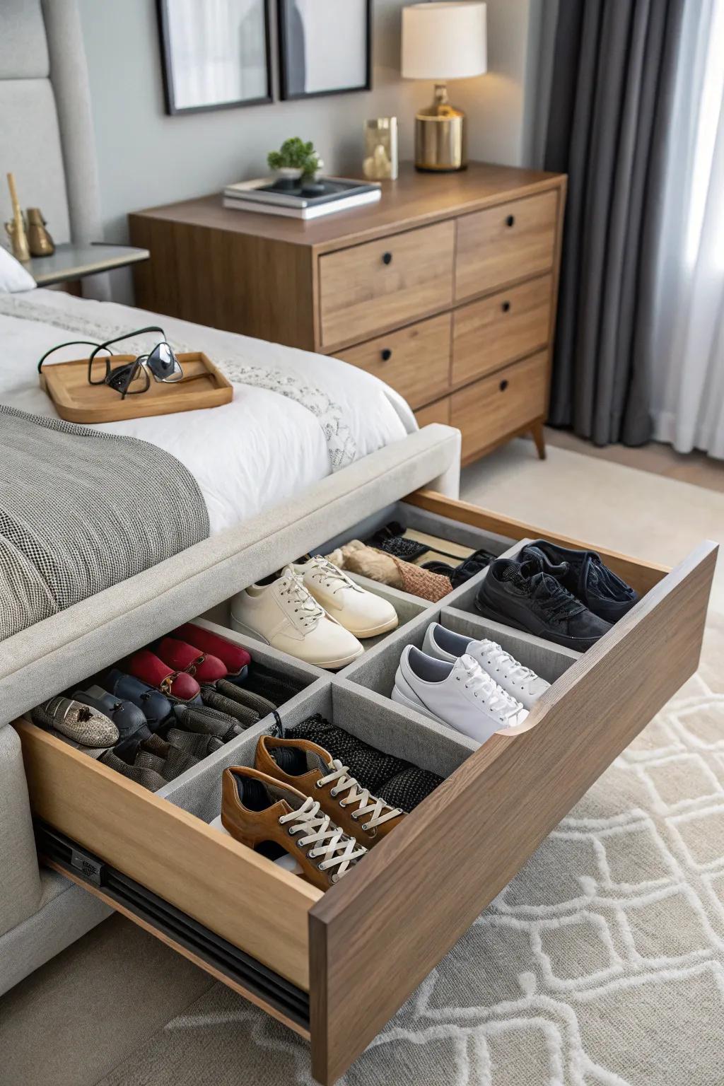A lower drawer dedicated to shoes and bulky items.