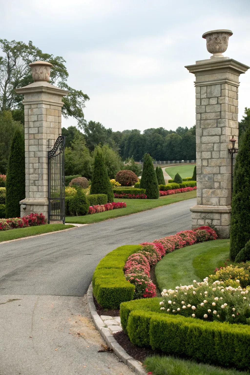 Stately stone columns impart a magnificent touch to the driveway entrance.