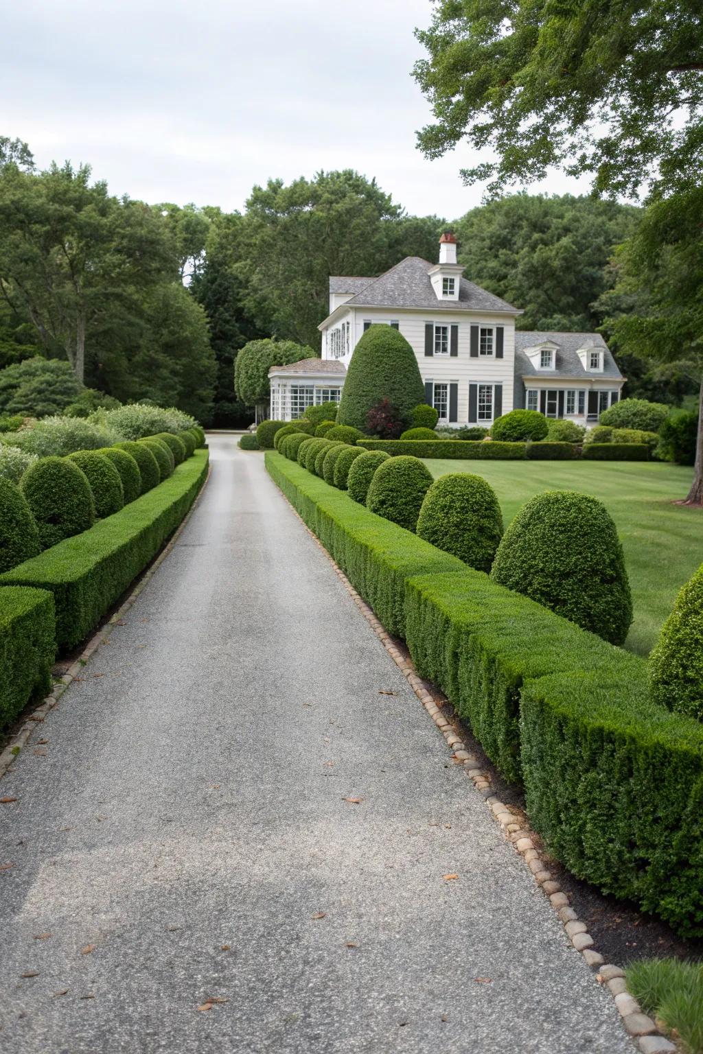 Symmetrical hedges crafting a formal entryway to a residence.