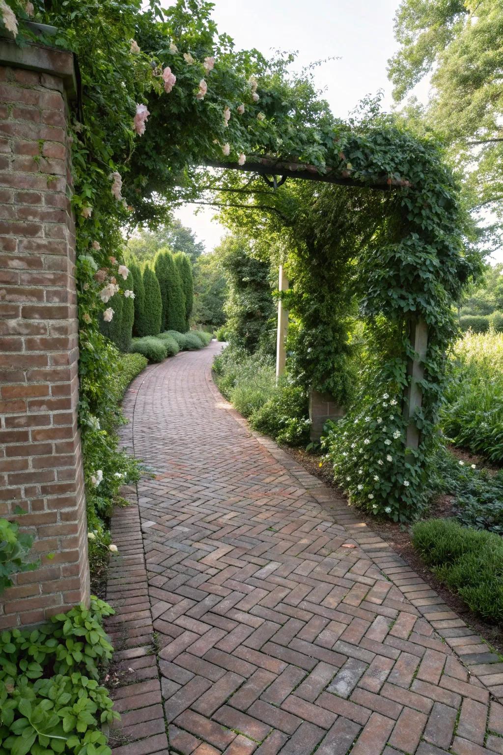 A brick pattern path with rich, climbing vines.