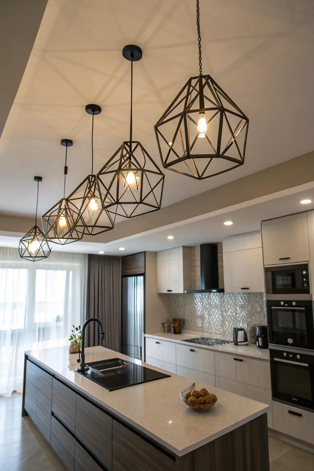 Shaped pendants infuse a daring detail into this culinary space.