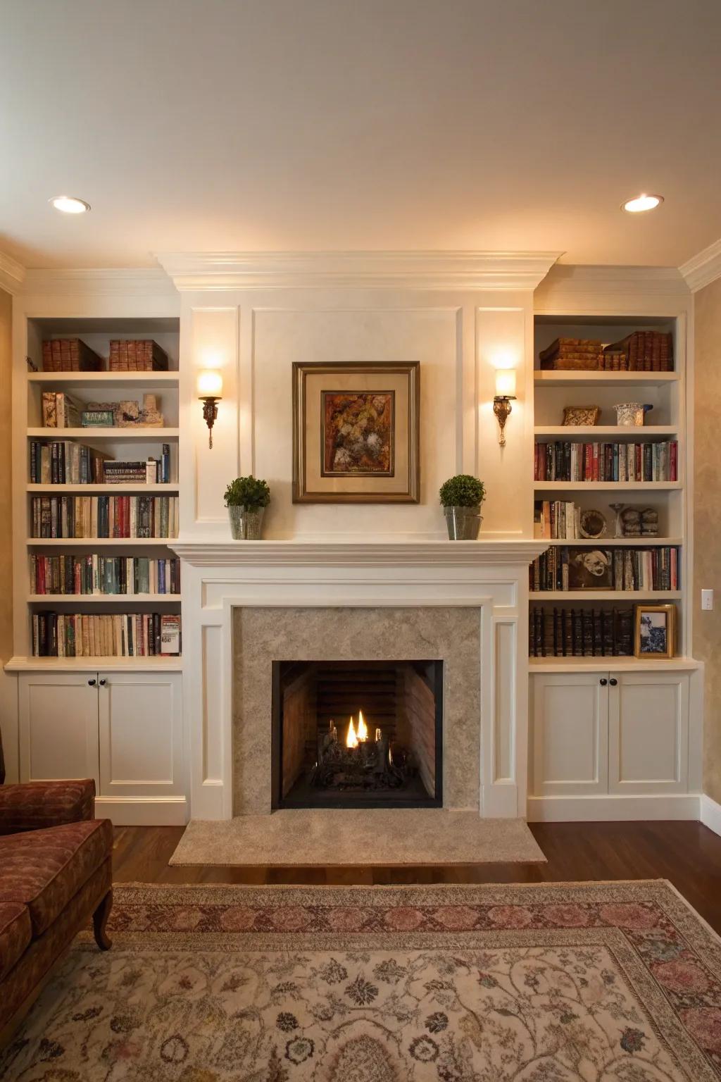 Symmetry surrounding a sheetrock fireplace promotes a sense of harmony.