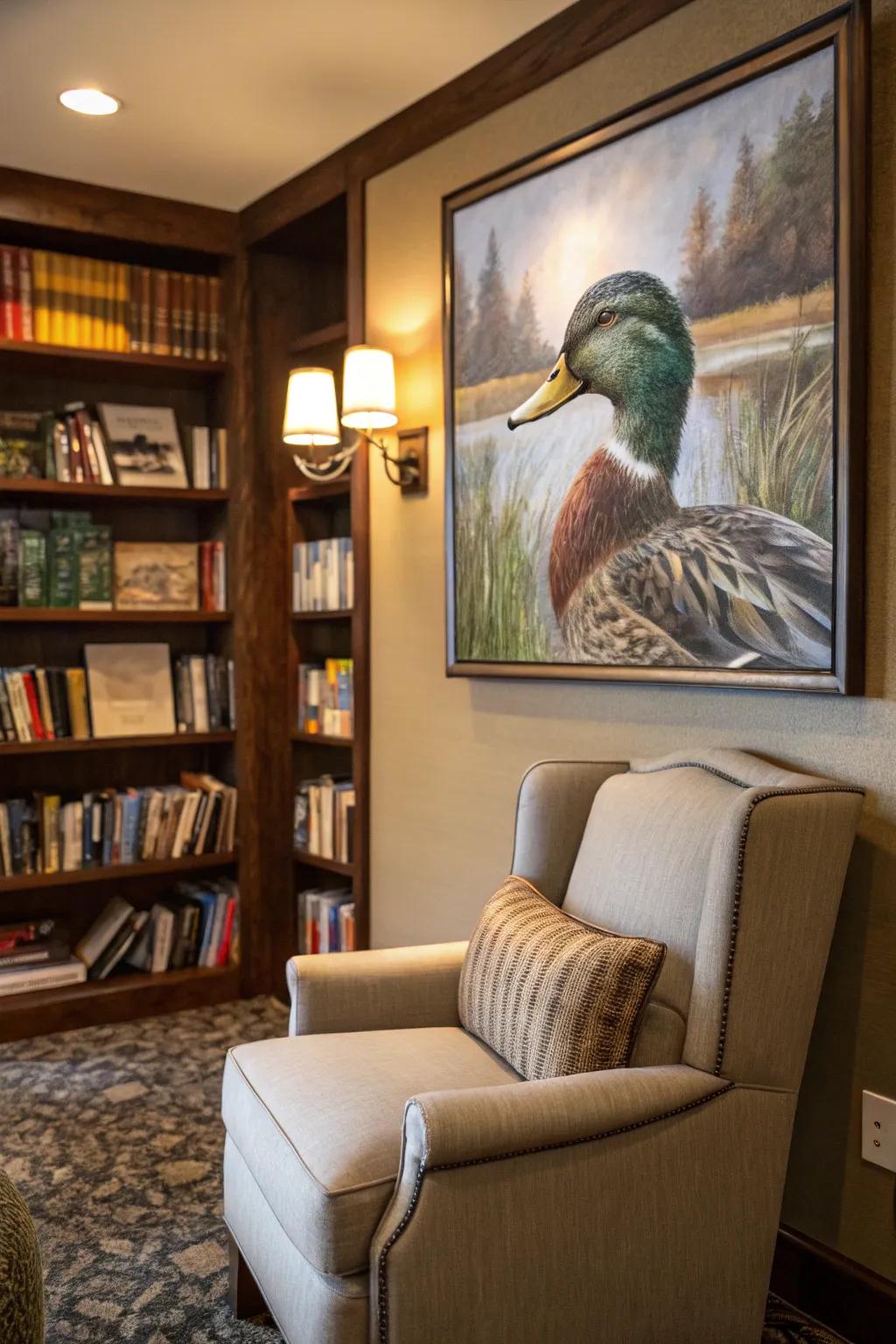 An authentic waterfowl representation provides a serene focal point.